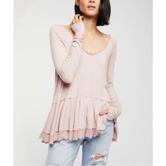 Free People Pale Pink Mauve Ruffled Hem Long Sleeve Tunic Top - Picture 4 of 16